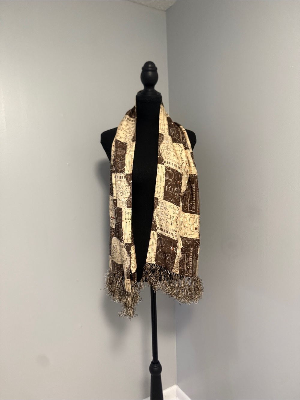 Neutral Brown & Cream Patterned Fringe Scarf